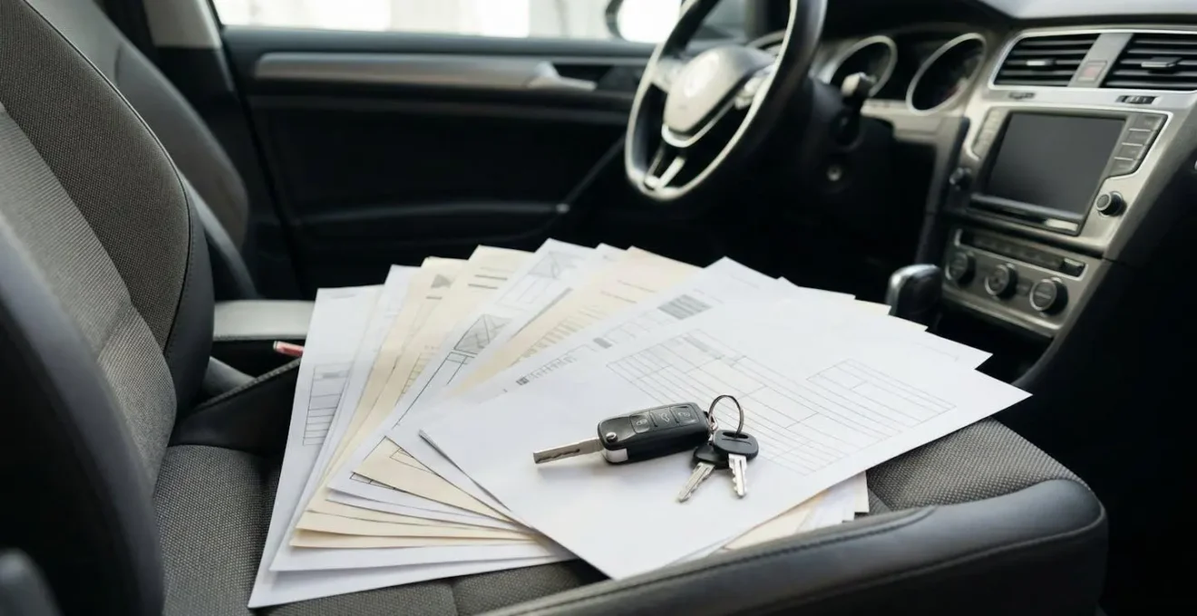Photo éditoriale montrant l'intérieur d'une voiture moderne avec un dossier de documents d'assurance posé sur le siège conducteur et les clés du véhicule en avant-plan