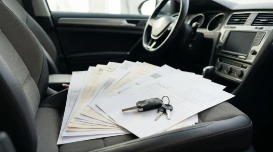 Photo éditoriale montrant l'intérieur d'une voiture moderne avec un dossier de documents d'assurance posé sur le siège conducteur et les clés du véhicule en avant-plan