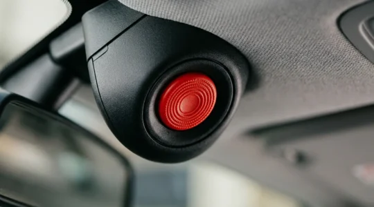 Vue rapprochée du bouton SOS rouge dans l'habitacle d'une voiture moderne