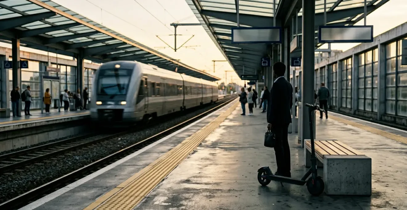 Scène de mobilité urbaine multimodale montrant l'intersection entre transport ferroviaire et mobilité douce