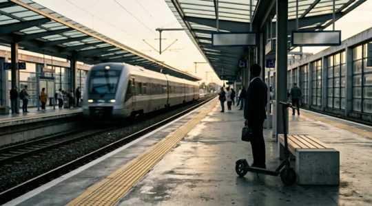 Scène de mobilité urbaine multimodale montrant l'intersection entre transport ferroviaire et mobilité douce