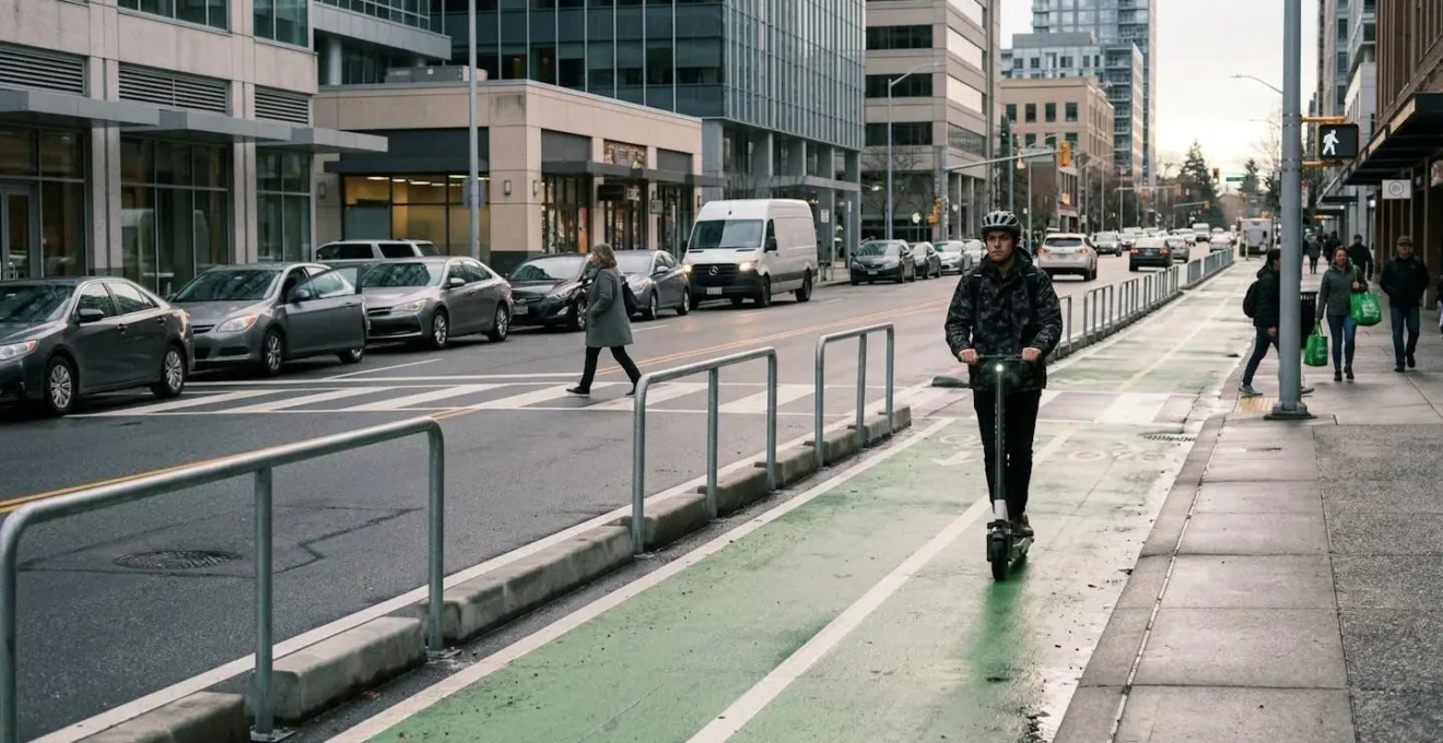 Vue urbaine montrant les risques liés à l'utilisation d'une trottinette électrique en ville