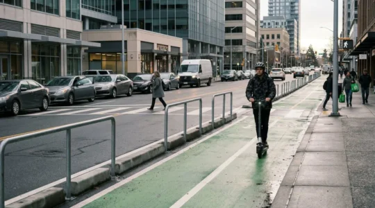 Vue urbaine montrant les risques liés à l'utilisation d'une trottinette électrique en ville