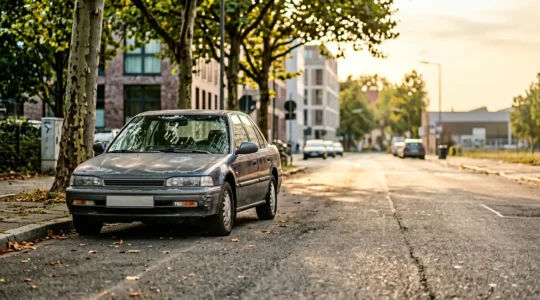 Véhicule ancien dans un centre urbain avec vignette de contrôle environnemental