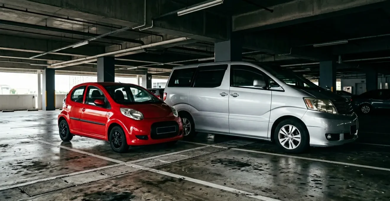 Comparaison visuelle entre une petite citadine et un grand monospace dans un parking