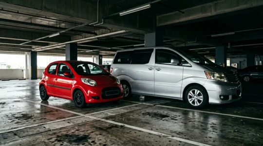 Comparaison visuelle entre une petite citadine et un grand monospace dans un parking