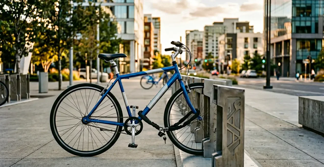 Vélo en libre-service stationné dans une zone urbaine avec flou d'arrière-plan évoquant les questions de responsabilité et d'assurance