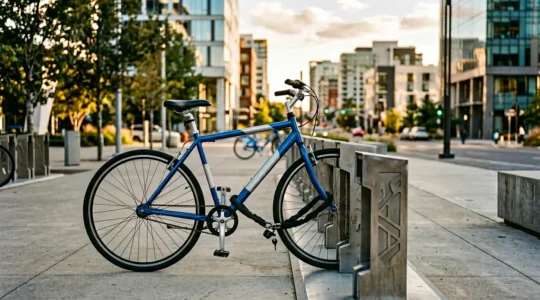 Vélo en libre-service stationné dans une zone urbaine avec flou d'arrière-plan évoquant les questions de responsabilité et d'assurance