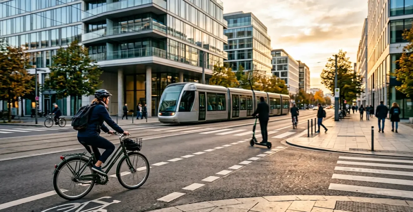 Vue panoramique d'une rue urbaine moderne montrant différents modes de mobilité douce et partagée dans un environnement citadin