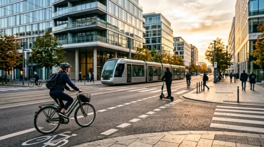 Vue panoramique d'une rue urbaine moderne montrant différents modes de mobilité douce et partagée dans un environnement citadin