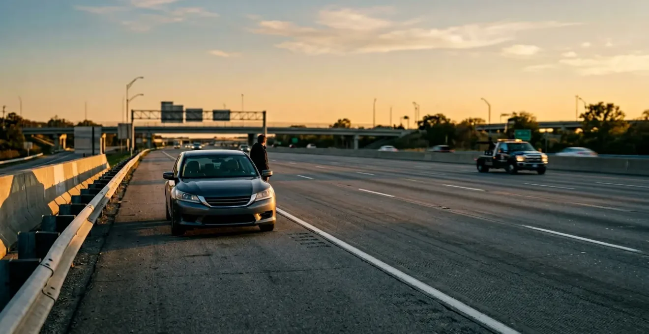 Véhicule immobilisé sur la bande d'arrêt d'urgence d'une autoroute avec dépanneuse arrivant