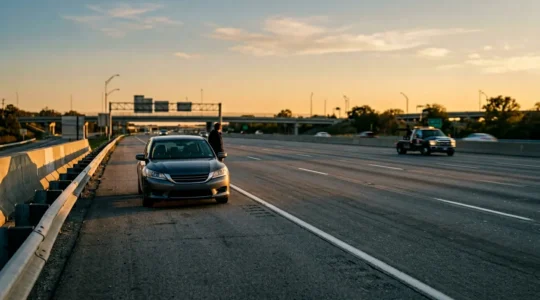 Véhicule immobilisé sur la bande d'arrêt d'urgence d'une autoroute avec dépanneuse arrivant