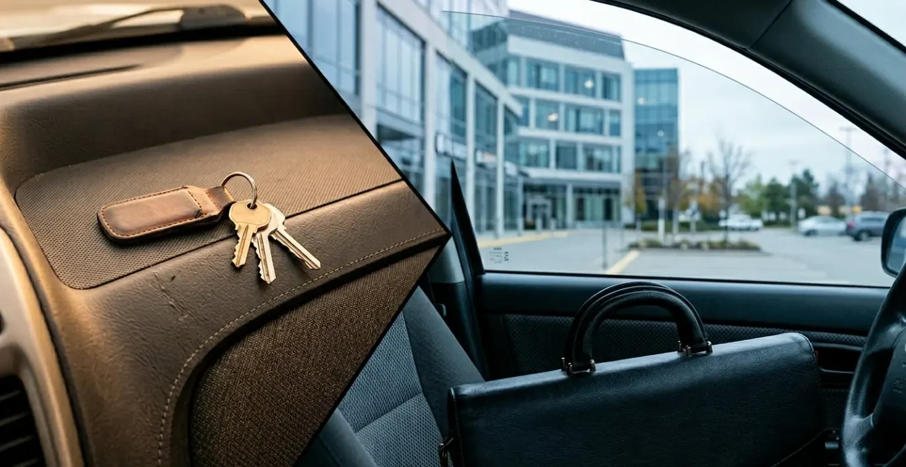 Vue d'un conducteur au volant avec documents professionnels et calculatrice sur le tableau de bord, illustrant les enjeux de l'assurance auto professionnelle
