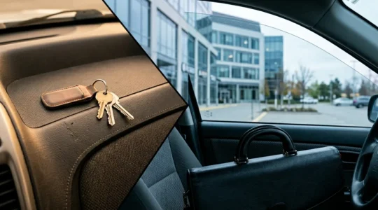 Vue d'un conducteur au volant avec documents professionnels et calculatrice sur le tableau de bord, illustrant les enjeux de l'assurance auto professionnelle