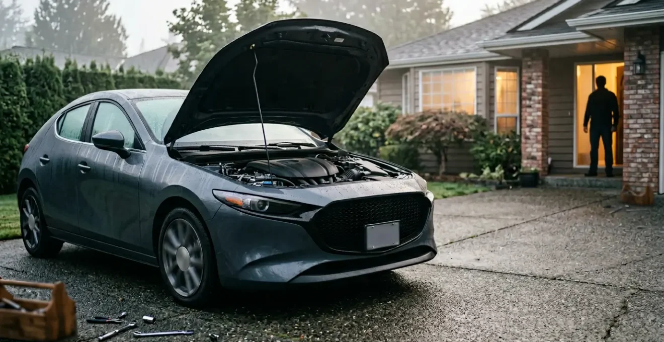 Voiture moderne avec capot ouvert dans un garage résidentiel au petit matin, lumière douce qui révèle les détails du moteur