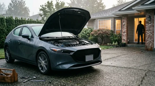 Voiture moderne avec capot ouvert dans un garage résidentiel au petit matin, lumière douce qui révèle les détails du moteur