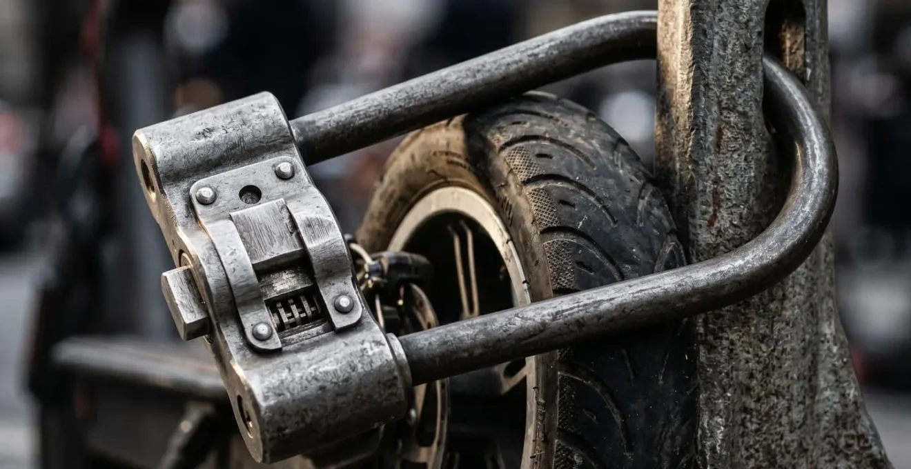 Gros plan sur un système d'antivol certifié SRA attachant une trottinette électrique