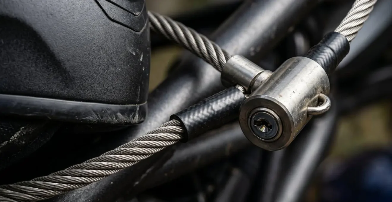 Gros plan sur un câble antivol en acier sécurisant un casque de moto au cadre du véhicule.