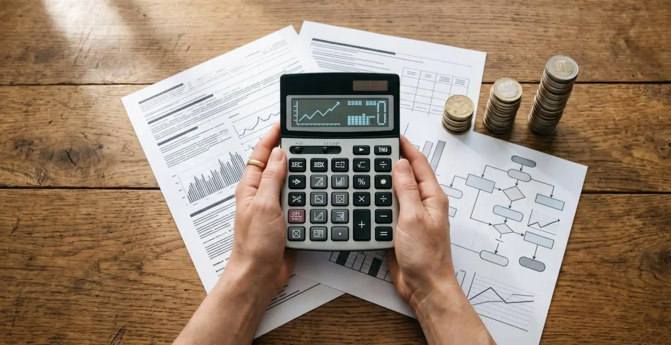 Calculatrice et documents d'assurance sur un bureau avec graphiques de primes