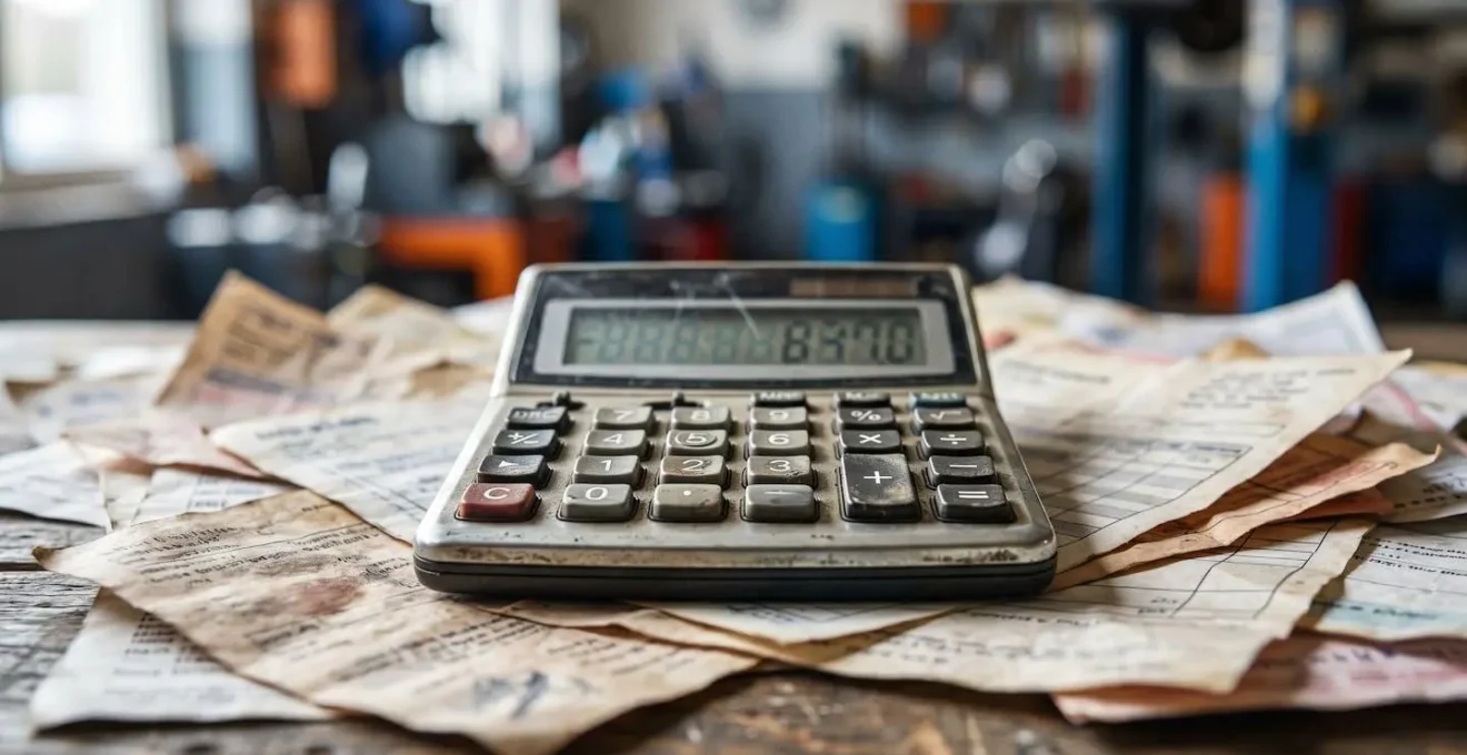 Calculatrice posée sur des factures de réparation automobile et documents d'assurance