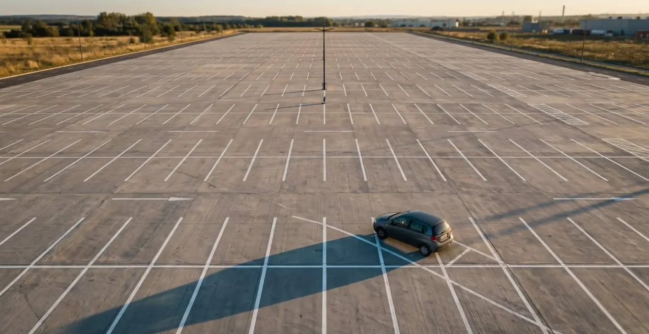 Vue aérienne minimaliste d'un parking avec une voiture seule dans un espace vide, symbolisant l'optimisation de l'usage