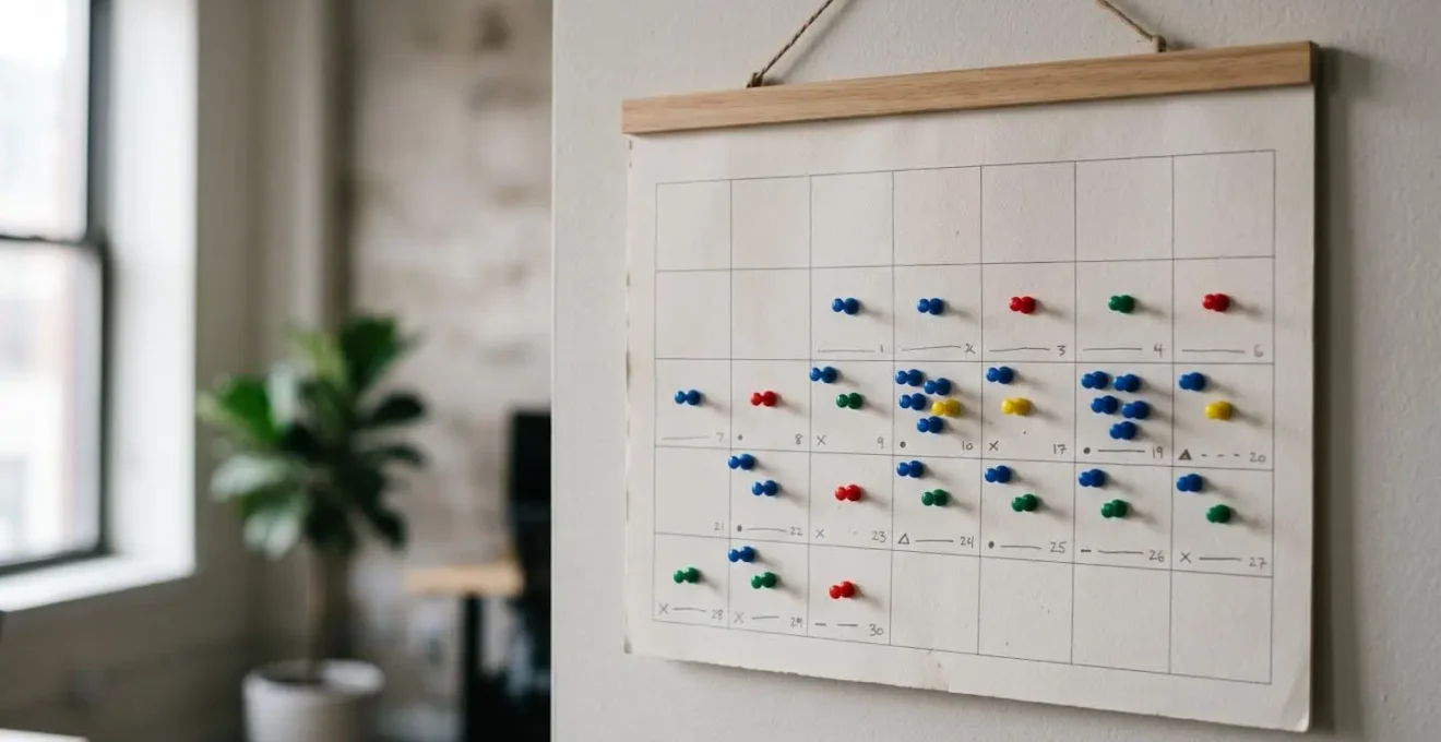 Calendrier mural avec des marquages colorés indiquant les jours de prêt de voiture