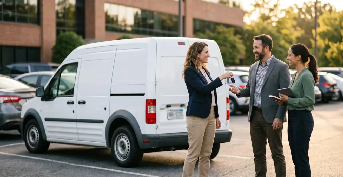 Trois employés autour d'un véhicule utilitaire dans un parking d'entreprise échangeant des clés