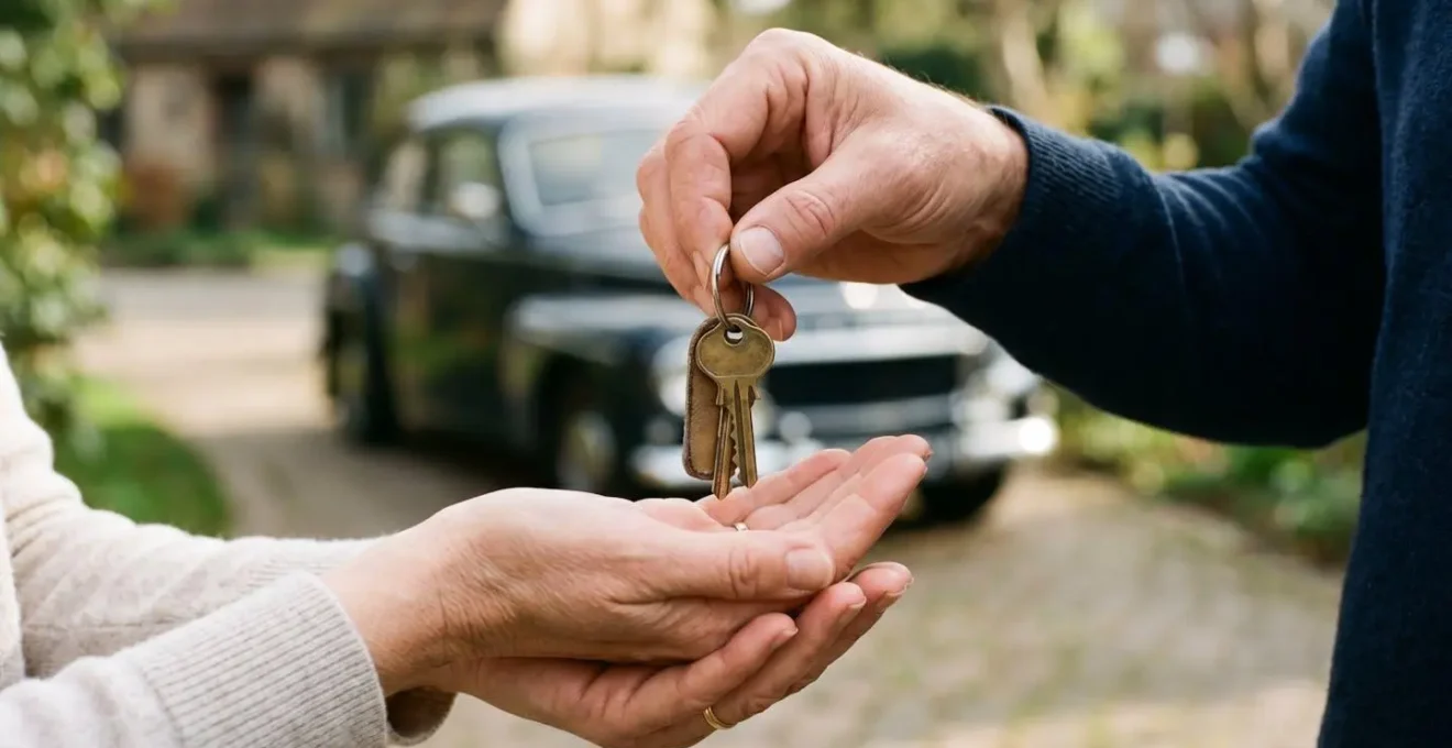 Échange de clés de voiture lors d'une transaction sécurisée entre particuliers