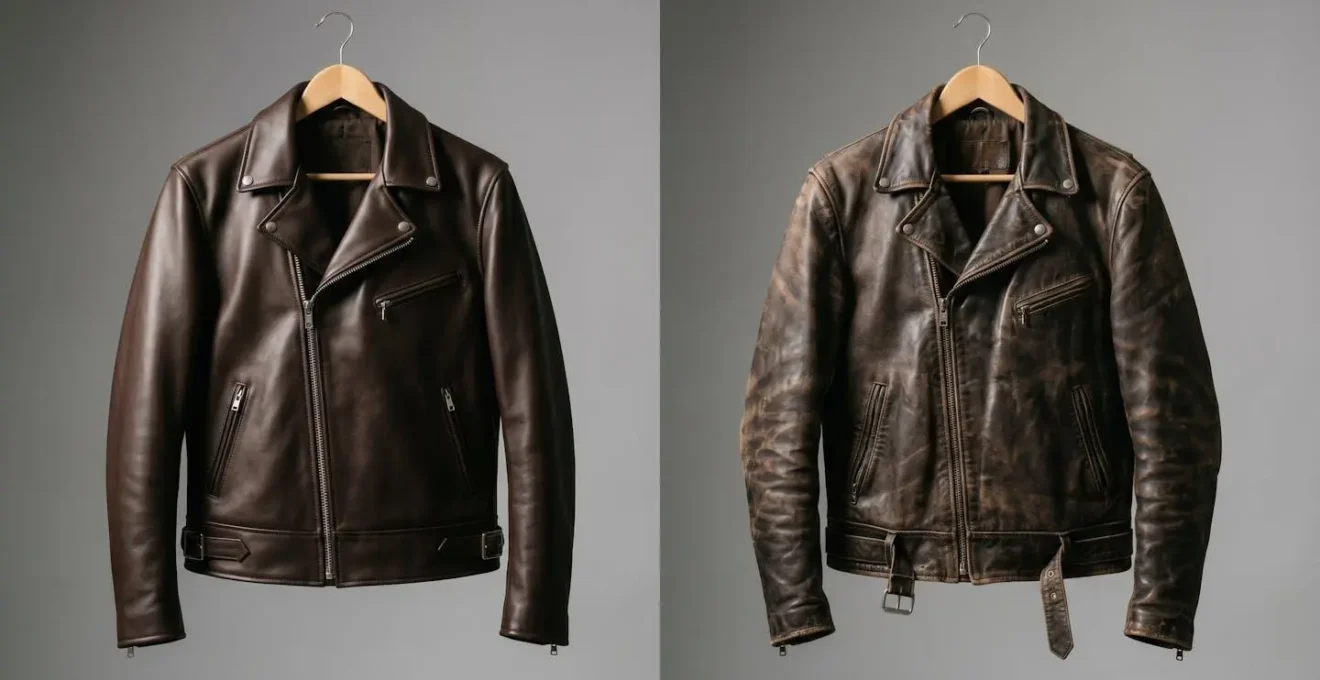 Comparaison visuelle entre un blouson de moto neuf et le même modèle usé pour illustrer le concept de vétusté.