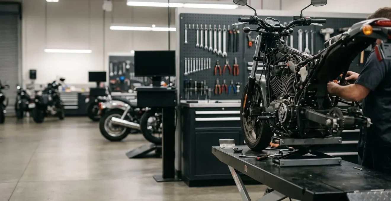 Mécanicien professionnel travaillant sur le moteur d'une moto dans un atelier