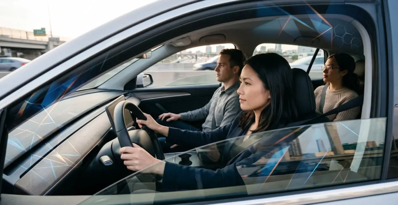 Conducteur et passagers dans une voiture moderne avec symboles de covoiturage abstraits visibles