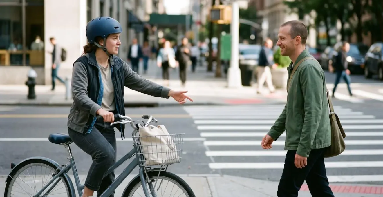 Scène urbaine avec cycliste et piéton sur passage protégé illustrant les enjeux de responsabilité civile