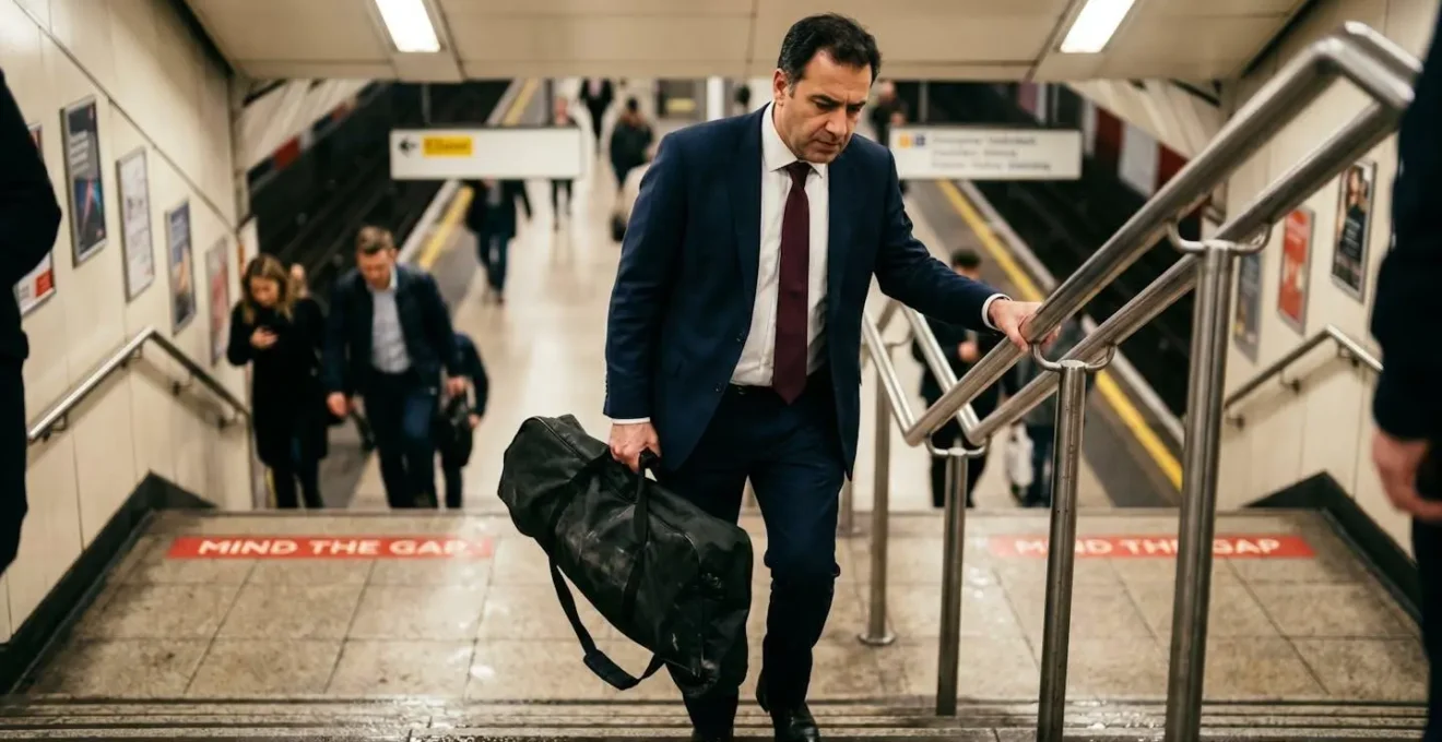 Personne transportant une trottinette électrique pliée dans un escalier de métro