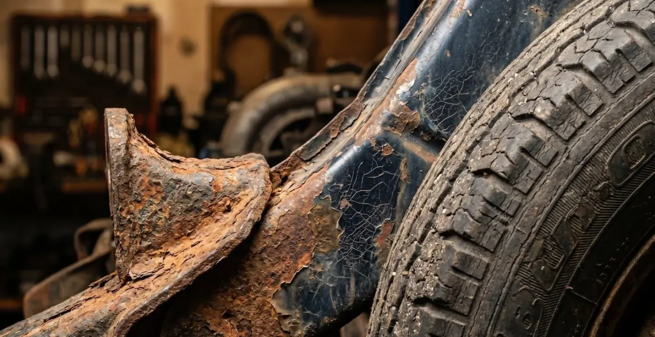 Mécanicien inspectant un véhicule utilitaire ancien dans un garage professionnel