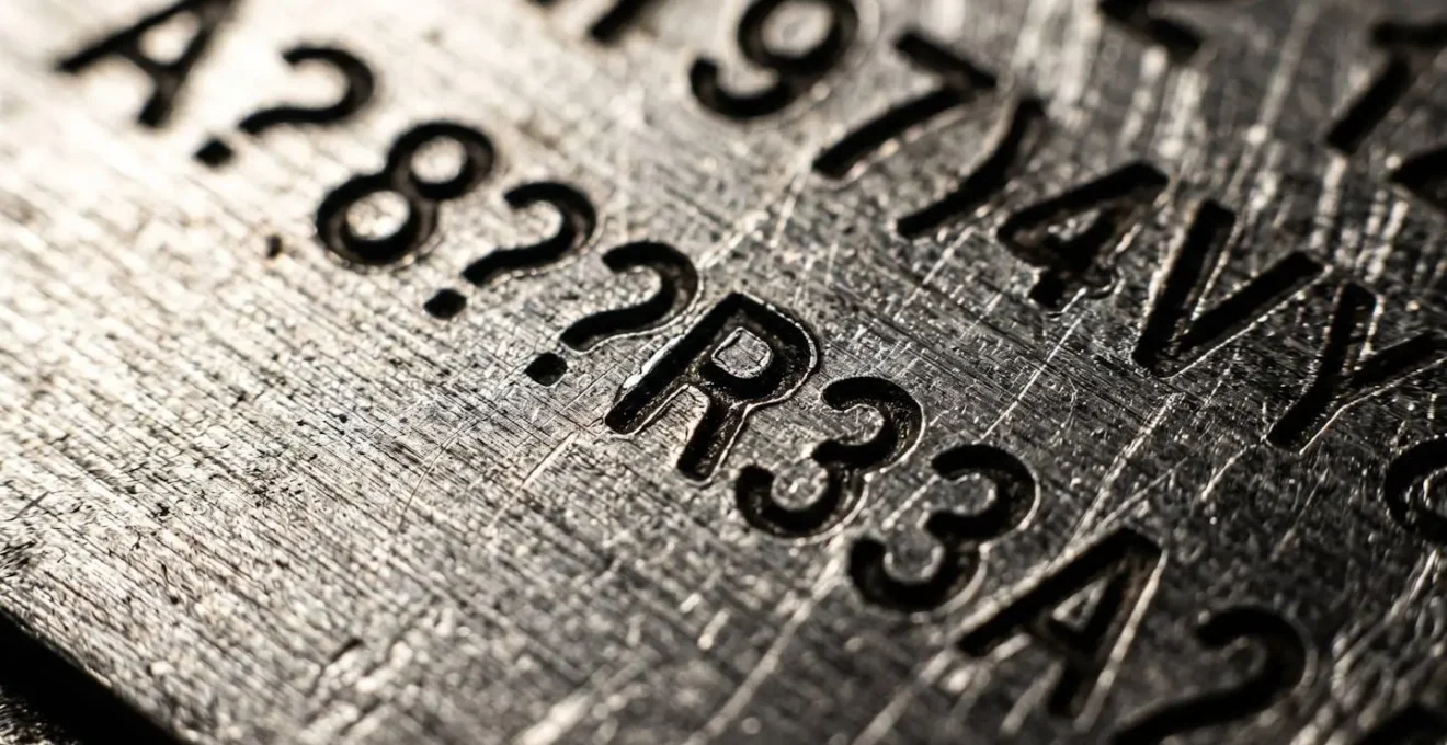 Détail macro du gravage d'un numéro de série sur une pièce métallique de moto