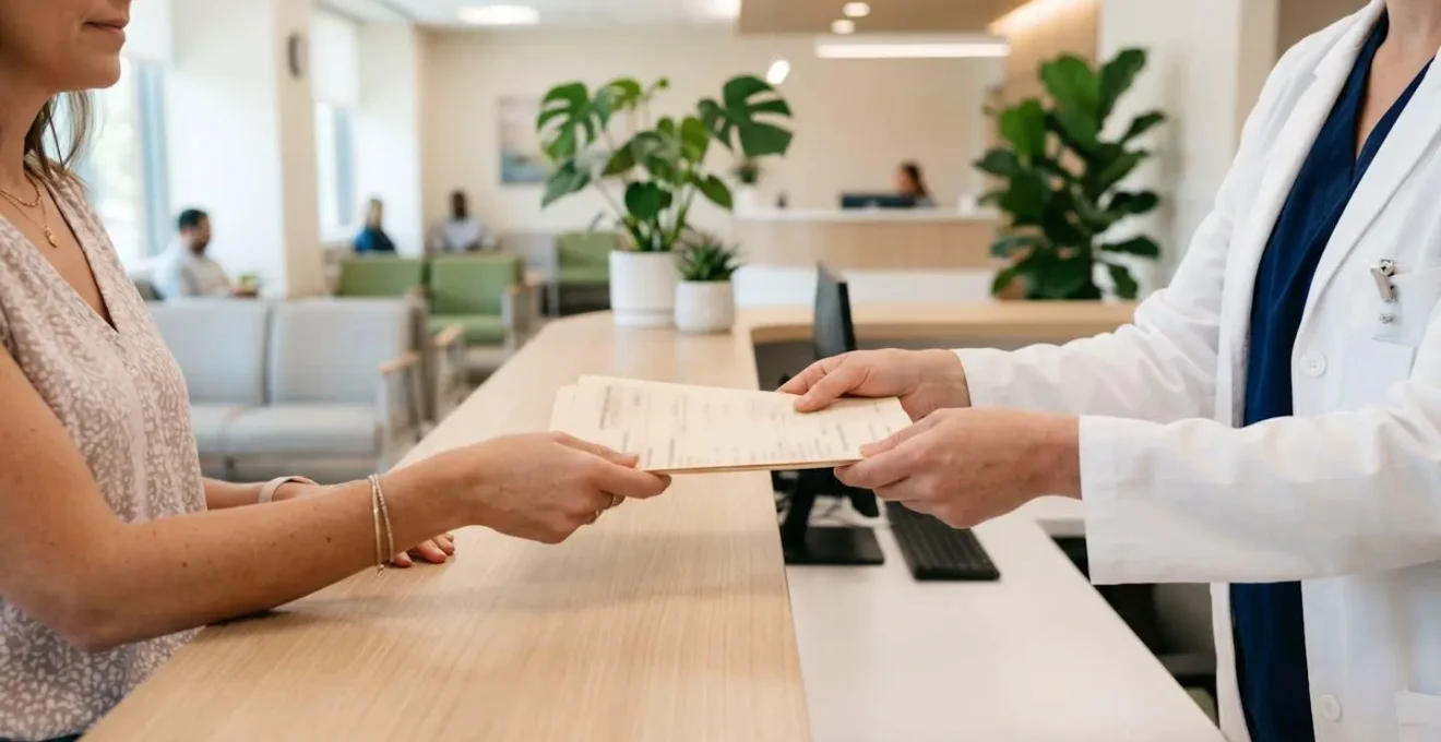 Hall d'admission d'un hôpital moderne avec personnel soignant accueillant un patient