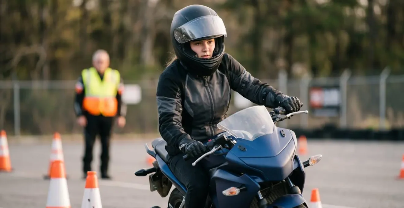 Jeune motard en formation sur piste d'auto-école avec moniteur en arrière-plan