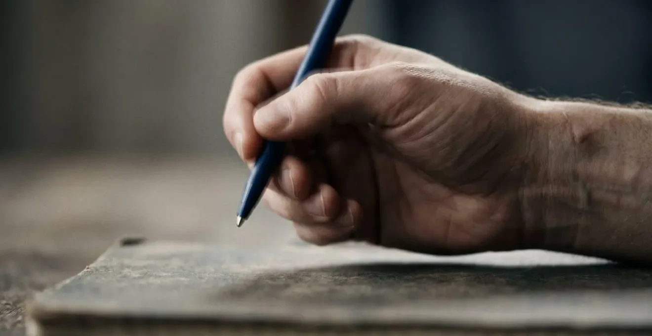 Main tremblante tenant un stylo au-dessus d'une surface floue