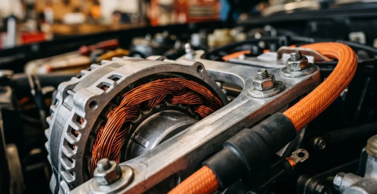 Installation d'un moteur électrique dans un véhicule ancien en atelier spécialisé