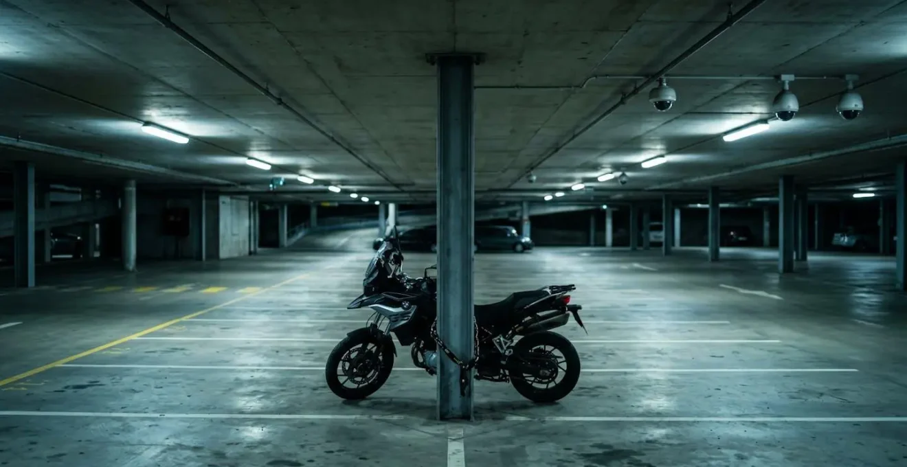 Moto sécurisée avec antivol dans un parking urbain éclairé