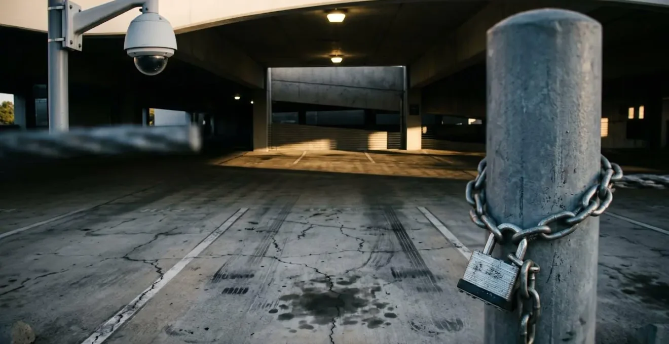 Vue d'ensemble d'un parking relais moderne avec éléments de sécurité visibles
