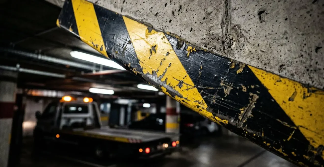 Vue d'un parking souterrain avec panneau de limitation de hauteur et véhicule de dépannage adapté