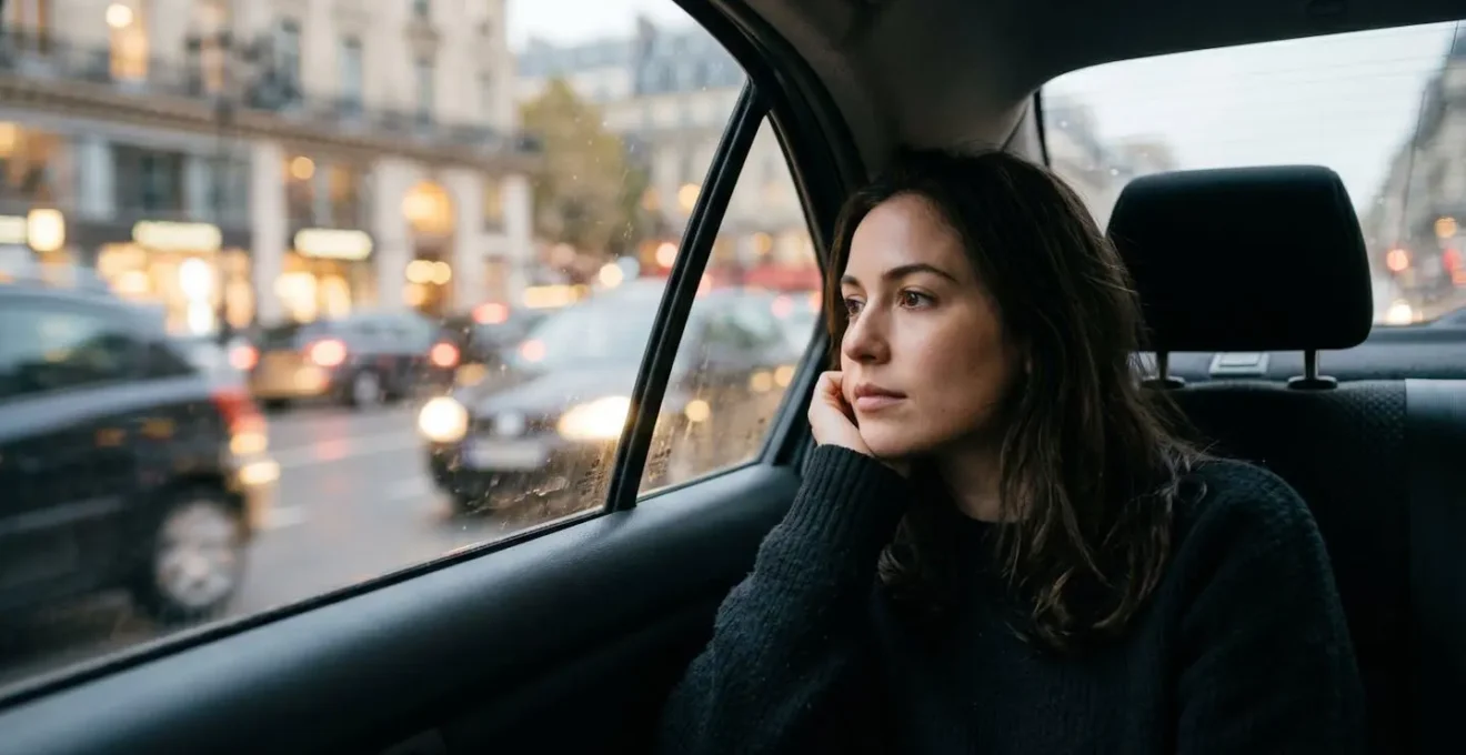 Passager assis à l'arrière d'un véhicule VTC en milieu urbain, regardant la ville défiler.