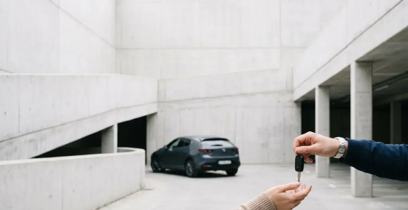 Échange de clés de voiture entre deux personnes dans un environnement urbain minimaliste