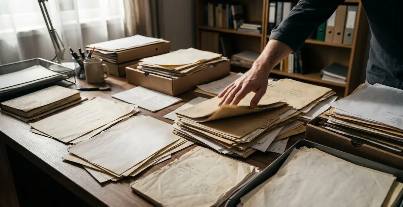 Bureau avec documents éparpillés et dossiers d'archives ouverts, main fouillant dans des papiers