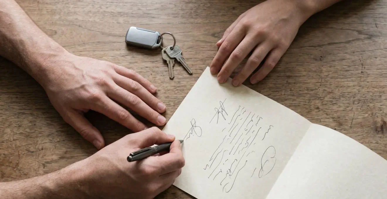 Deux mains signant un document sur une table en bois avec des clés de voiture à côté