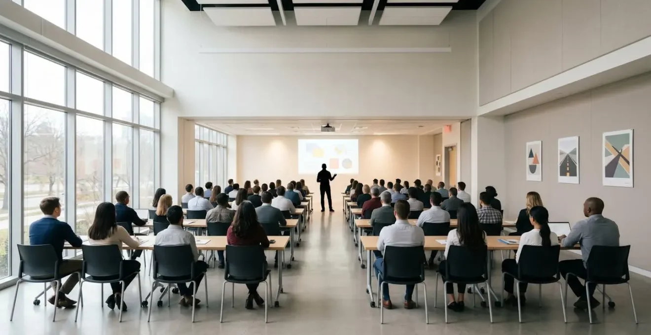 Salle de formation moderne avec participants attentifs lors d'un stage de sensibilisation routière