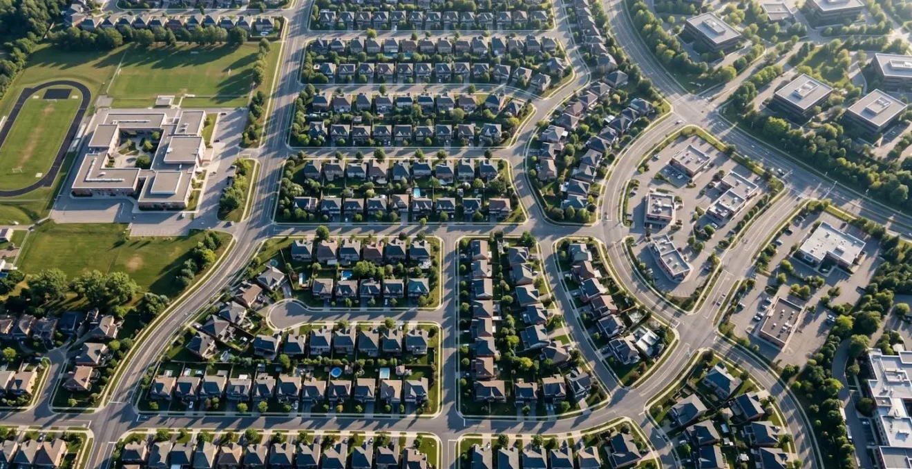 Vue aérienne d'un quartier résidentiel avec trajets multiples symbolisés par des lignes colorées
