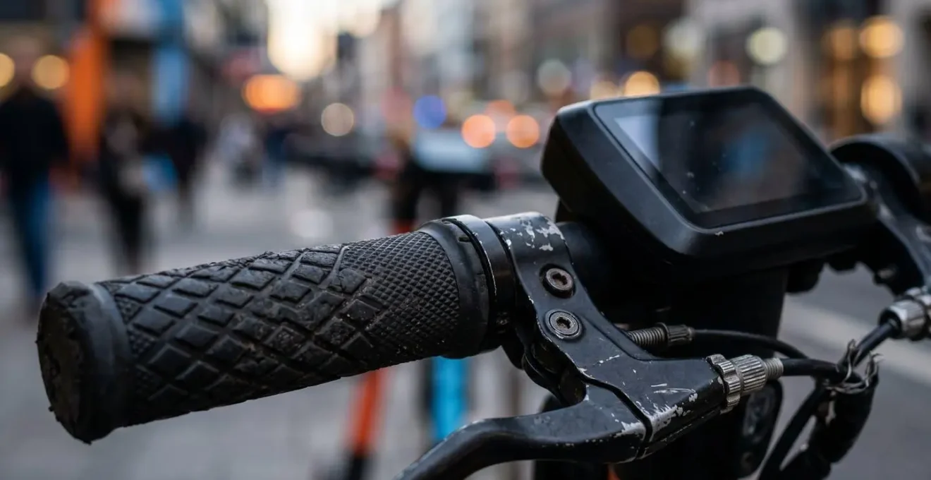 Gros plan sur le guidon d'une trottinette électrique en libre-service garée dans une rue urbaine.