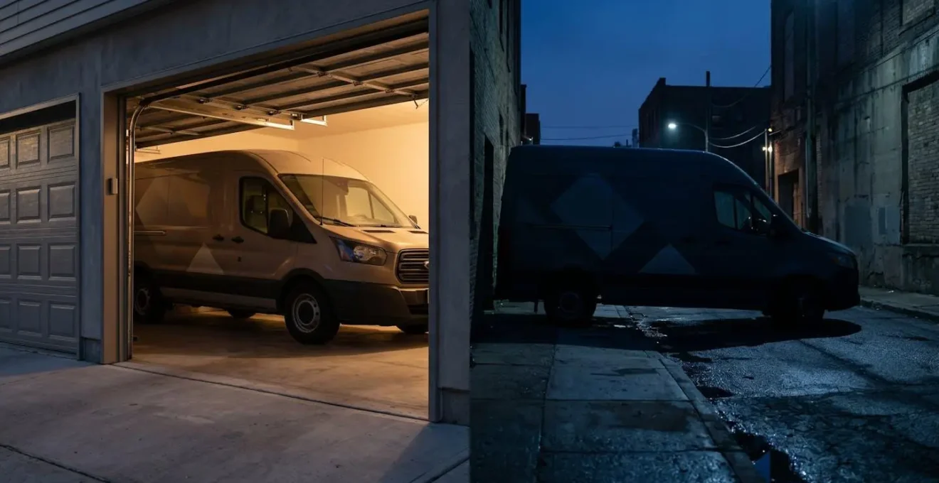 Fourgon utilitaire garé dans un garage fermé sécurisé la nuit